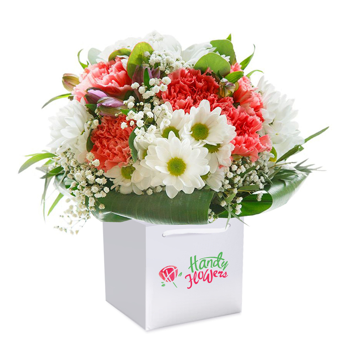 Presented upright and expertly arranged by Guildford's own florists, this captivating bouquet is nestled in a crisp, immaculate white gift bag set before a seamless white background. At its flourishing heart, delicate coral and peach carnations gather in abundance, their soft, frothy petals bringing a gentle blush to the overall design. Vibrant red carnations deepen the visual palette, offset by a scattering of snowy white daisies with energetic lime-green centers-like sunlight skipping across the Guildford Castle grounds. Baby's breath threads its way artfully between the main flowers, imparting an almost magical airiness, while closed lavender-tinted buds draw the eye with their subtle promise of future beauty, much like the first hints of spring along Upper High Street. Encircling this display, broad, gleaming emerald leaves wrap the base warmly, forming a lush collar that lifts and frames the floral centerpiece. The white gift bag, complete with gracefully looped white cord handles, is as practical as it is elegant, ensuring secure delivery to homes and businesses throughout the local area. The branding on the bag is understated yet clear, reinforcing trust and professionalism. Every aspect of this arrangement-from its structured, rounded silhouette to the careful layering of blooms-reflects a dedication to quality, freshness, and artistry. It is the ideal gift for special celebrations or heartfelt occasions in Guildford, promising to bring a touch of natural beauty, joy, and expert craftsmanship wherever it arrives.