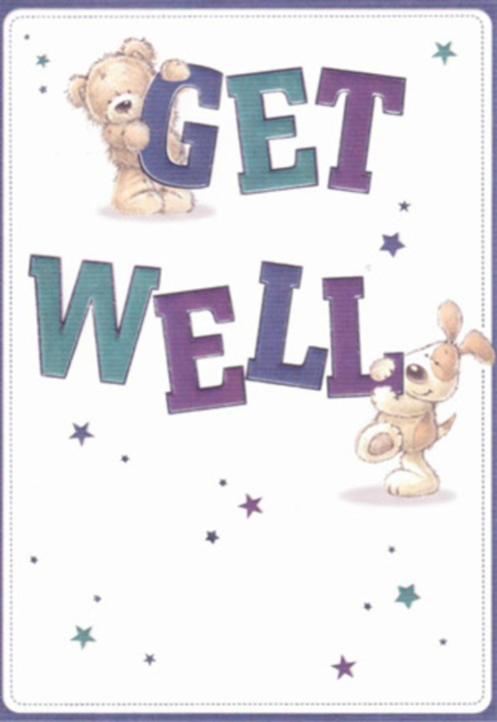 This get well card reveals a tender narrative-the embrace of good wishes rendered through a bear and a puppy, brought to life with a softness that rivals the plushest stems selected for bouquets by Guildford's trusted florists. Their playful forms are surrounded by sparkling starbursts in purples and aquas, while confident, generously sized letters spell out 'Get Well' at the centre, coloured in deep hues reminiscent of local wildflowers found on Merrow Downs. There is a tactile illusion to the scene: one imagines the bear's fluff and the puppy's drooping ears as tangible, comforting textures. The white background imparts a breath of fresh air, mirroring the open space of Stoke Park, enhancing the card's aura of purity and encouragement. Each line and brush mark reflects the same thoughtful artistry that guides a florist's hand, arranging every petal to nurture both eye and spirit. Sent together with a hand-delivered bouquet from Guildford's High Street, this card becomes a dual gesture of support and cheer-a gentle promise that brighter days are near. The illustration resonates with all ages, binding the innocence of childhood with the reassurance of community care. This simple, deliberate composition lifts the mood and lets local warmth shine through in every detail.