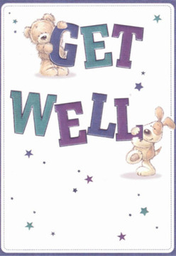 This expressive get well card emanates a gentle joy reminiscent of a thoughtful bouquet delivered by one of Guildford's seasoned florists, perhaps for a neighbour convalescing near Pewley Down. The artwork features two endearing companions-a plush teddy bear resting atop the bold 'GET' and a lively puppy pressing its velvety chin against 'WELL' below, both rendered in rounded, inviting brushstrokes that capture the nurturing spirit so often found in Guildford homes. The text is shaded in jewel-like purples and calming teals, their lively contours echoing the movement of laughter and hope. Twinkling stars in blue and violet drift whimsically across the crisp, creamy background, suggesting the scattering of well wishes like petals tossed into the River Wey. The overall mood is one of lightness and sincere care, each illustrated element arranged with the same attention as a bespoke floral composition. The comforting textures of the animals' fur and the playful typography imbue the card with a sense of touch-almost as if offering a gentle embrace, as dependable and heartfelt as the service from local florists near Castle Street. This card, like a fresh bouquet, carries warmth, optimism, and unwavering support, reaching out to brighten recovery in Guildford's close-knit community.